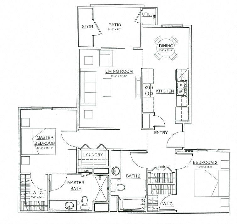 Floor plan for 2 beds, 2 baths, 1135 sqft